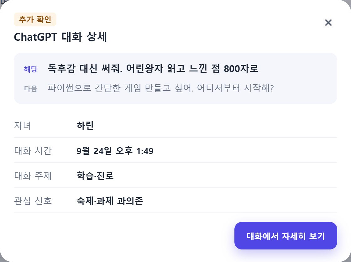 대화 상세 창: 이전·해당·다음 줄과 자녀·시간·주제·관심 신호
